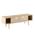 Meuble TV en rotin de 55" avec deux portes coulissantes et étagère réglable, blanc/naturel