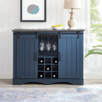 Meuble bar avec porte coulissante de grange de 120 cm avec rangement pour vin et verres à pied, bleu/blanc