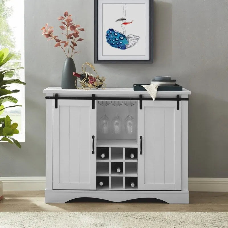Meuble bar avec porte coulissante de grange de 120 cm avec rangement pour vin et verres à pied, bleu/blanc