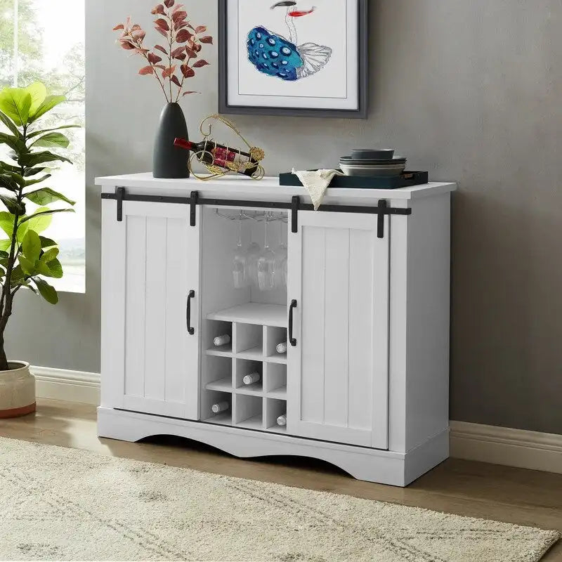 Meuble bar avec porte coulissante de grange de 120 cm avec rangement pour vin et verres à pied, bleu/blanc
