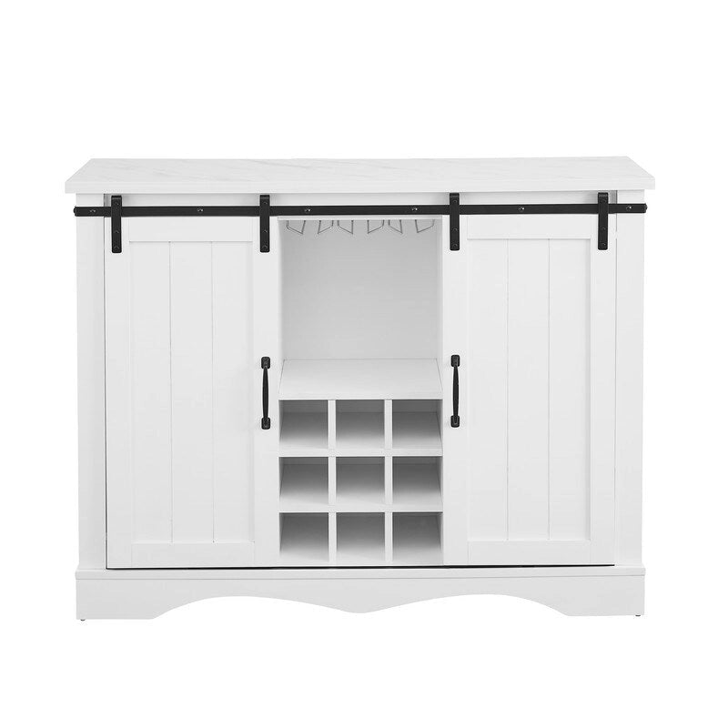 Meuble bar avec porte coulissante de grange de 120 cm avec rangement pour vin et verres à pied, bleu/blanc