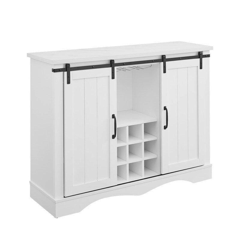 Meuble bar avec porte coulissante de grange de 120 cm avec rangement pour vin et verres à pied, bleu/blanc