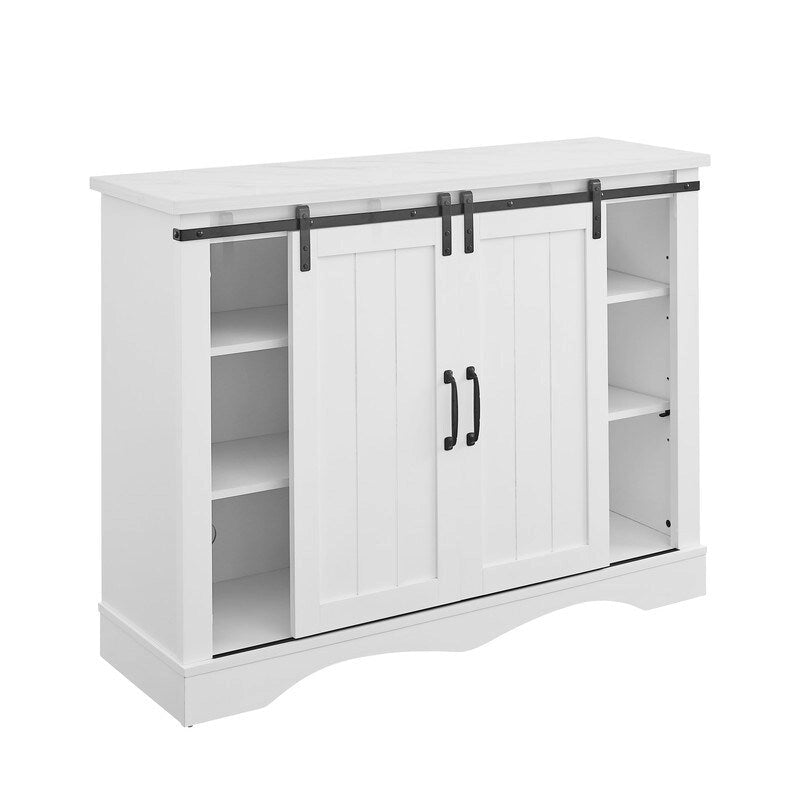 Meuble bar avec porte coulissante de grange de 120 cm avec rangement pour vin et verres à pied, bleu/blanc