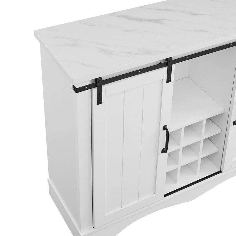 Meuble bar avec porte coulissante de grange de 120 cm avec rangement pour vin et verres à pied, bleu/blanc