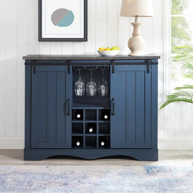 Meuble bar avec porte coulissante de grange de 120 cm avec rangement pour vin et verres à pied, bleu/blanc