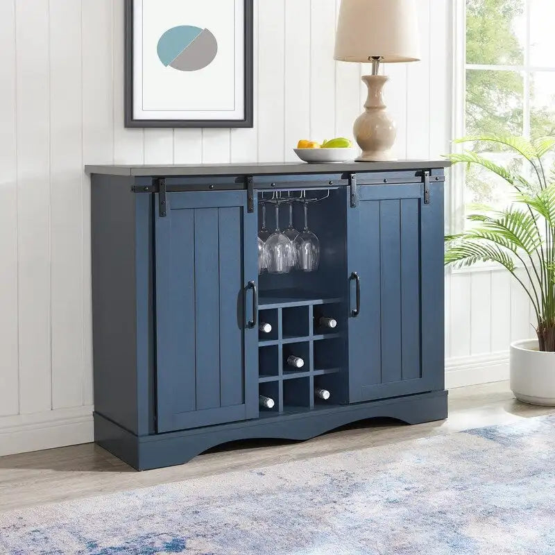 Meuble bar avec porte coulissante de grange de 120 cm avec rangement pour vin et verres à pied, bleu/blanc