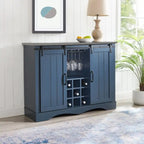 Meuble bar avec porte coulissante de grange de 120 cm avec rangement pour vin et verres à pied, bleu/blanc