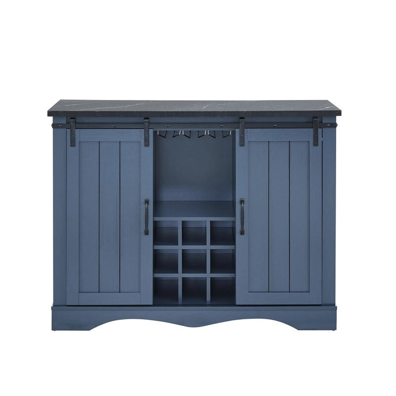 Meuble bar avec porte coulissante de grange de 120 cm avec rangement pour vin et verres à pied, bleu/blanc