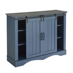 Meuble bar avec porte coulissante de grange de 120 cm avec rangement pour vin et verres à pied, bleu/blanc