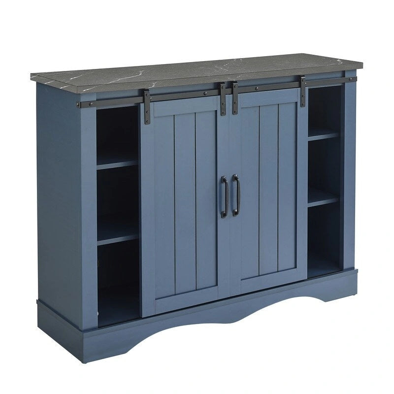 Meuble bar avec porte coulissante de grange de 120 cm avec rangement pour vin et verres à pied, bleu/blanc