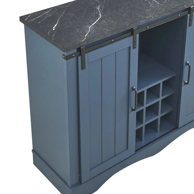 Meuble bar avec porte coulissante de grange de 120 cm avec rangement pour vin et verres à pied, bleu/blanc