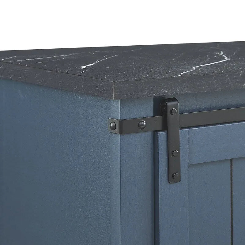 Meuble bar avec porte coulissante de grange de 120 cm avec rangement pour vin et verres à pied, bleu/blanc