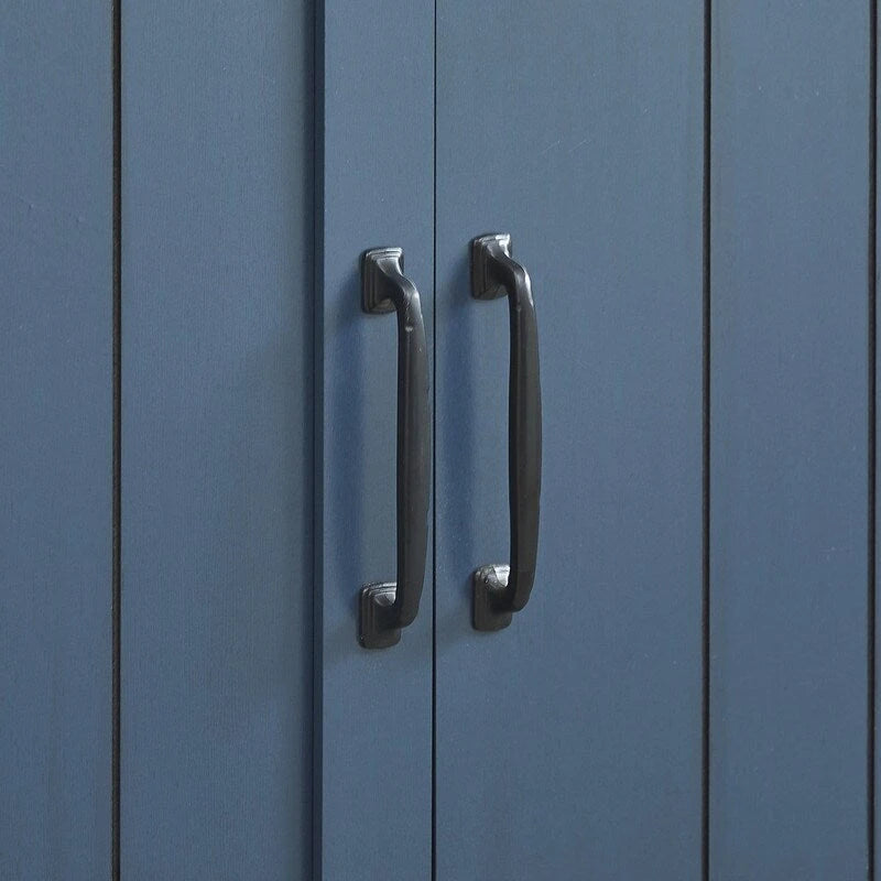 Meuble bar avec porte coulissante de grange de 120 cm avec rangement pour vin et verres à pied, bleu/blanc