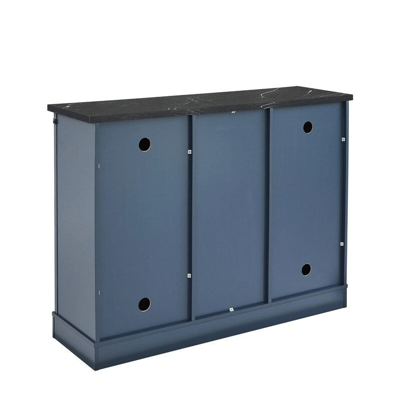 Meuble bar avec porte coulissante de grange de 120 cm avec rangement pour vin et verres à pied, bleu/blanc
