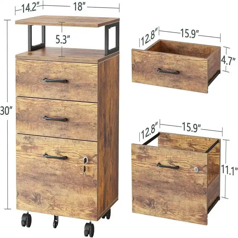 Caisson de classement roulant à 3 tiroirs avec tiroir inférieur verrouillable, noir / blanc / marron rustique