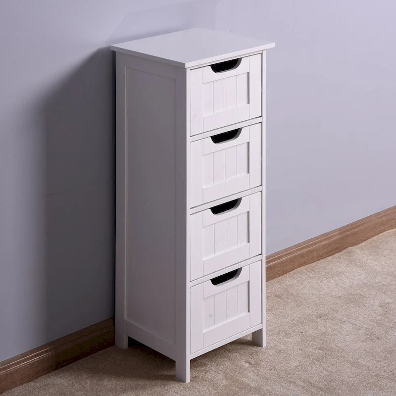 Meuble de salle de bain fin sur pied avec 4 tiroirs et kit anti-basculement, finition blanc/bois