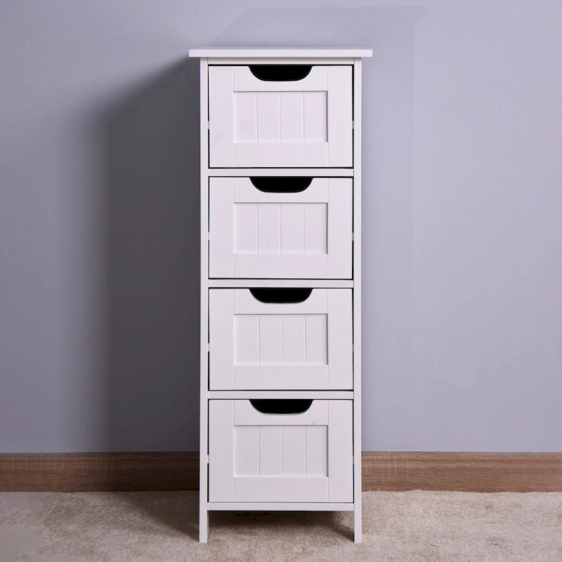 Meuble de salle de bain fin sur pied avec 4 tiroirs et kit anti-basculement, finition blanc/bois