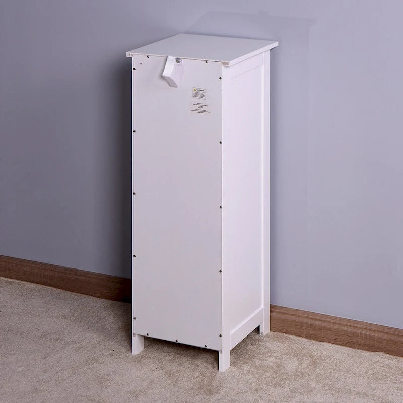 Meuble de salle de bain fin sur pied avec 4 tiroirs et kit anti-basculement, finition blanc/bois