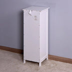 Meuble de salle de bain fin sur pied avec 4 tiroirs et kit anti-basculement, finition blanc/bois