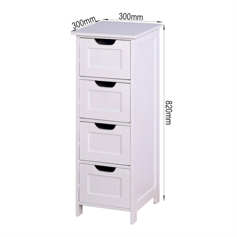 Meuble de salle de bain fin sur pied avec 4 tiroirs et kit anti-basculement, finition blanc/bois