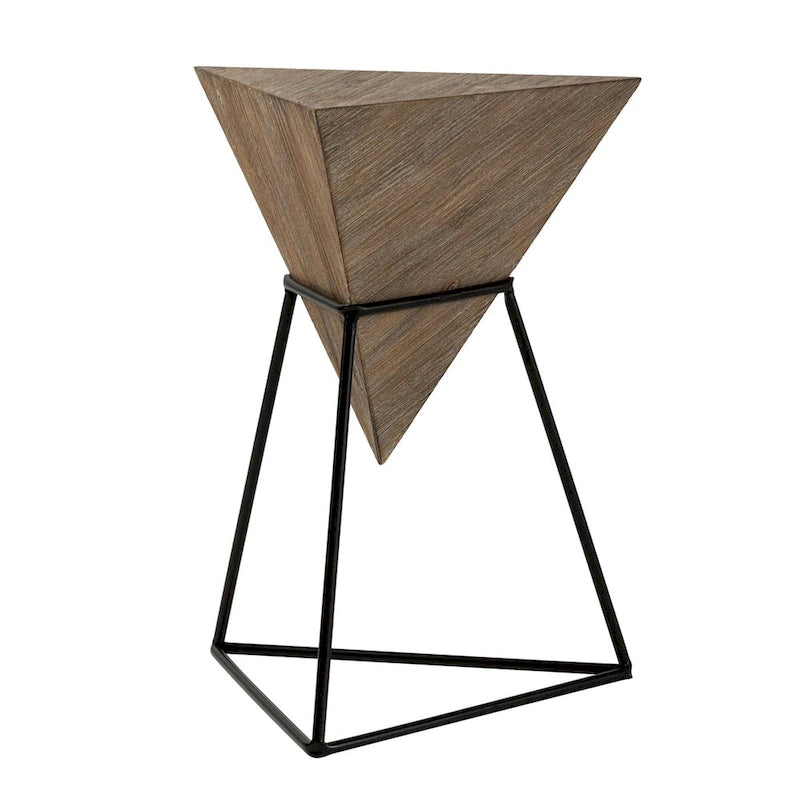 Table d'appoint pyramidale géométrique avec plateau triangulaire en MDF et base en métal, noir/naturel