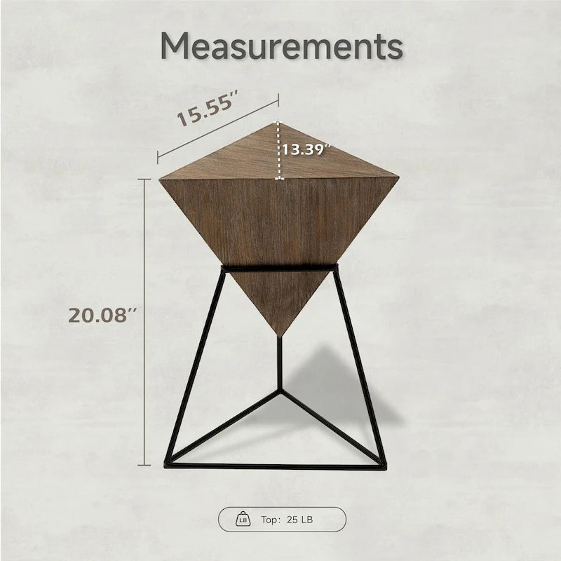 Table d'appoint pyramidale géométrique avec plateau triangulaire en MDF et base en métal, noir/naturel