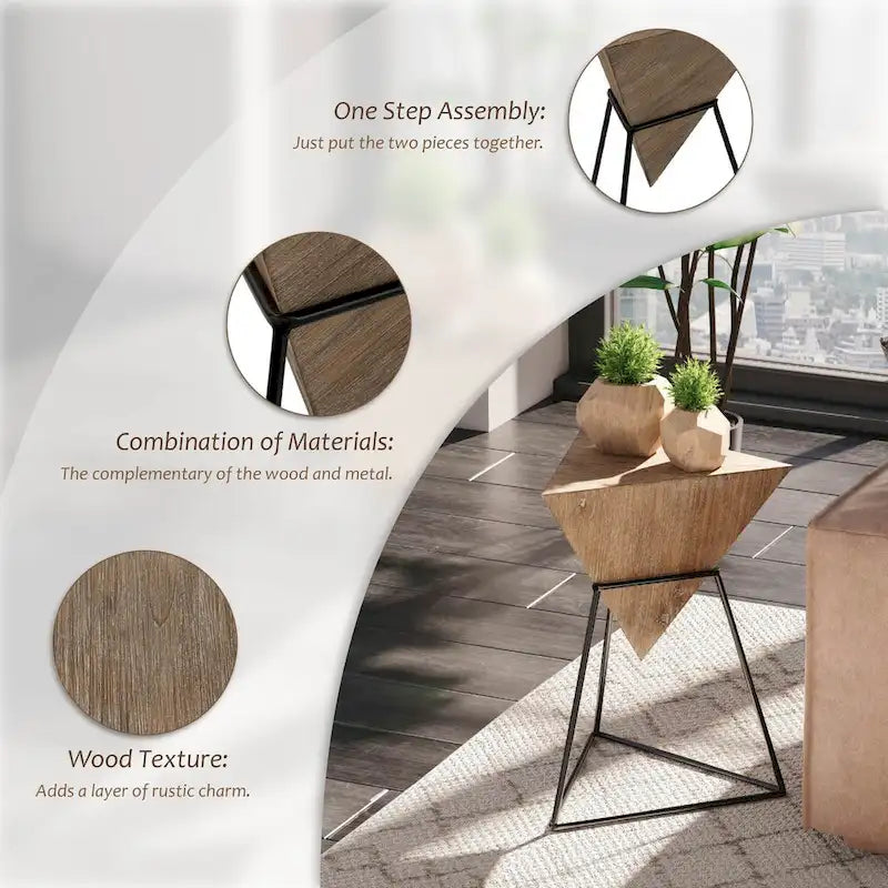 Table d'appoint pyramidale géométrique avec plateau triangulaire en MDF et base en métal, noir/naturel