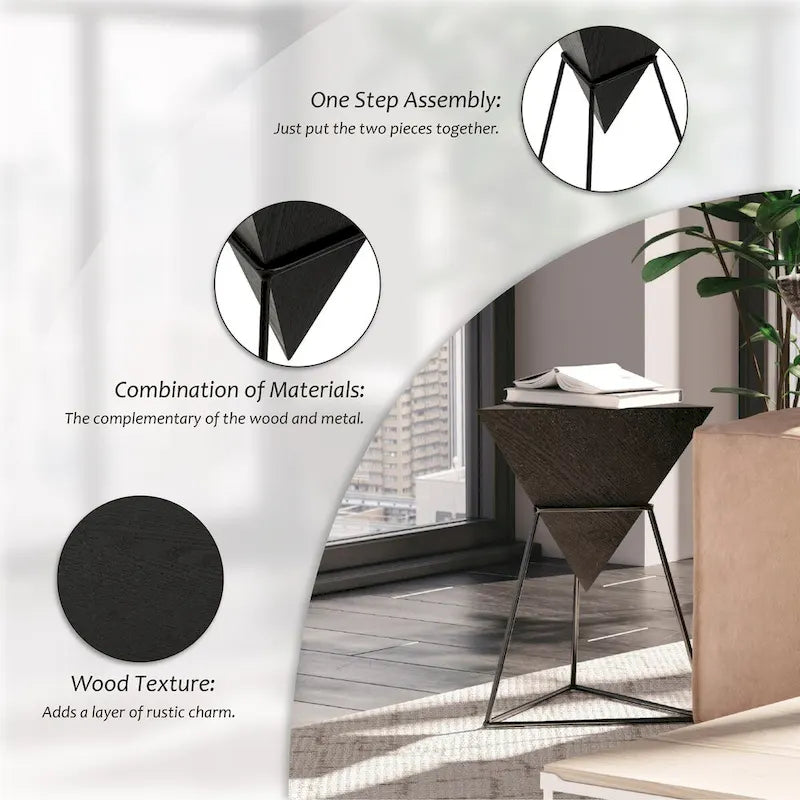 Table d'appoint pyramidale géométrique avec plateau triangulaire en MDF et base en métal, noir/naturel