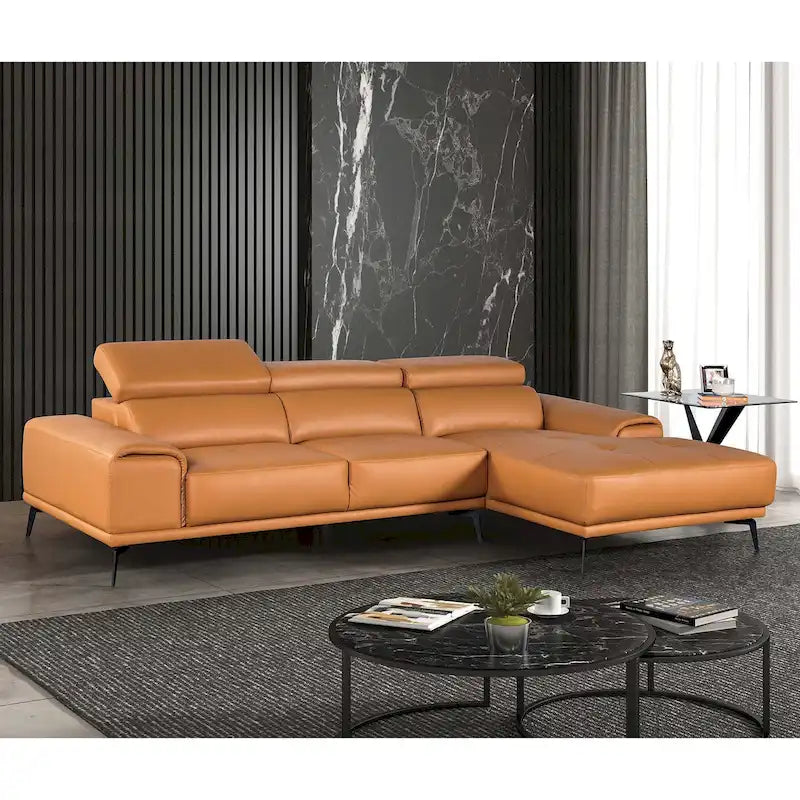 Canapé d'angle bas en similicuir avec méridienne et appuie-têtes réglables, gris foncé / orange, 3 places