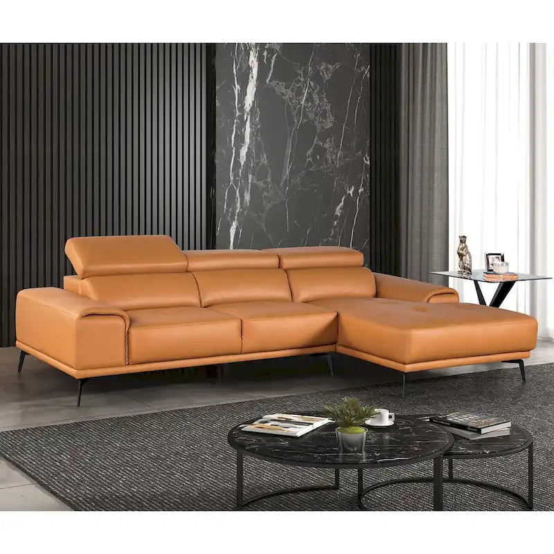 Canapé d'angle bas en similicuir avec méridienne et appuie-têtes réglables, gris foncé / orange, 3 places