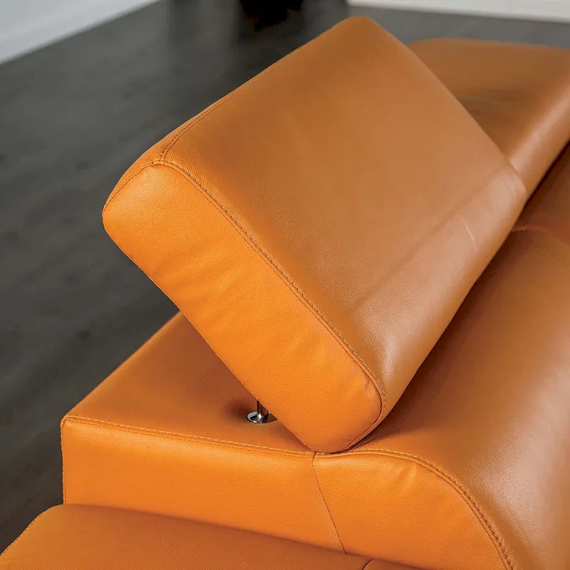 Canapé d'angle bas en similicuir avec méridienne et appuie-têtes réglables, gris foncé / orange, 3 places