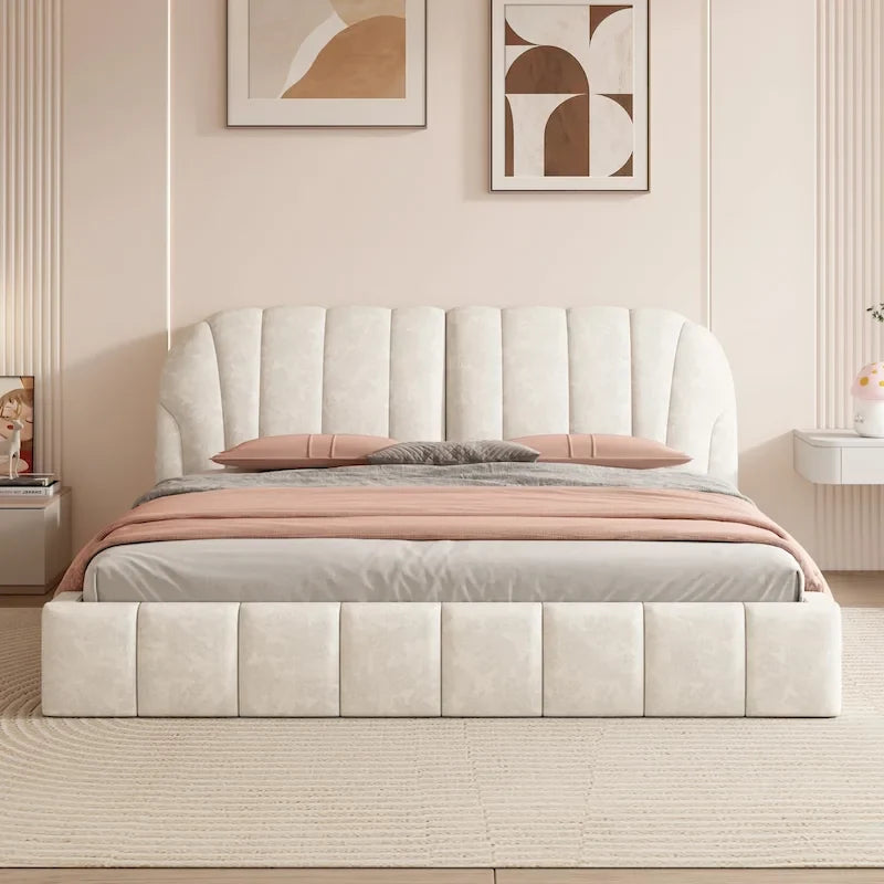 Lit plateforme Queen tapissé avec tête de lit en tissu, gris/beige