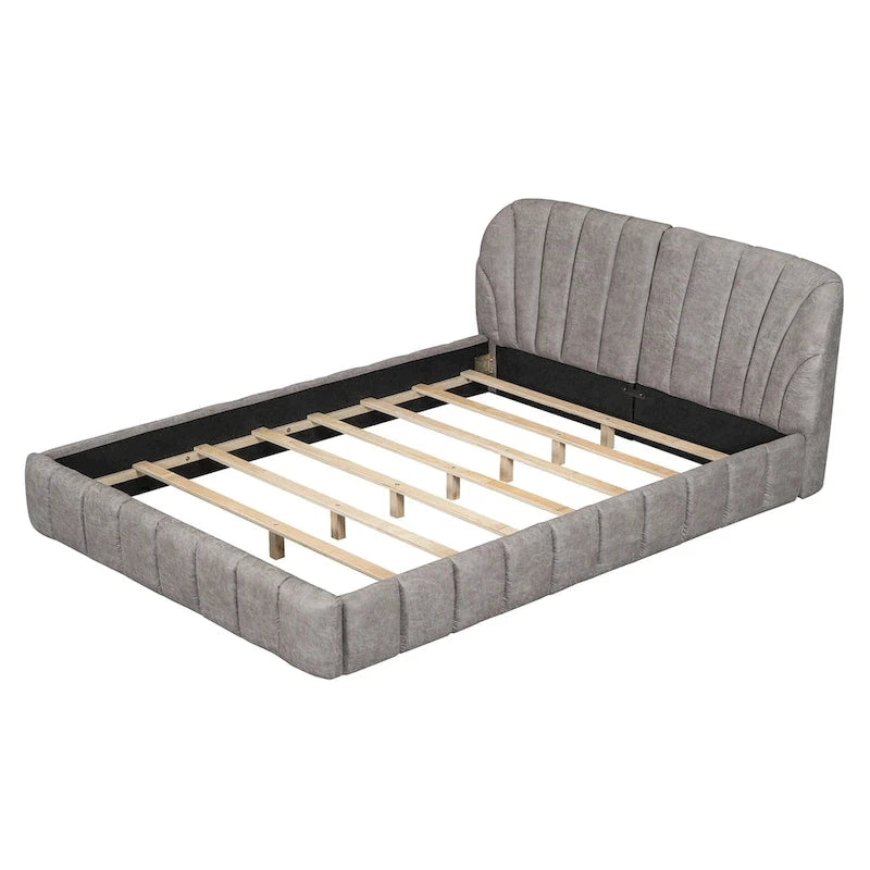 Lit plateforme Queen tapissé avec tête de lit en tissu, gris/beige