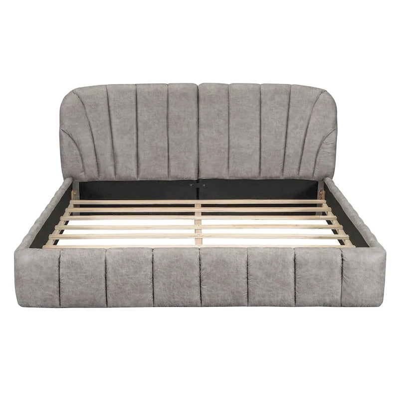 Lit plateforme Queen tapissé avec tête de lit en tissu, gris/beige