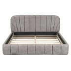 Lit plateforme Queen tapissé avec tête de lit en tissu, gris/beige