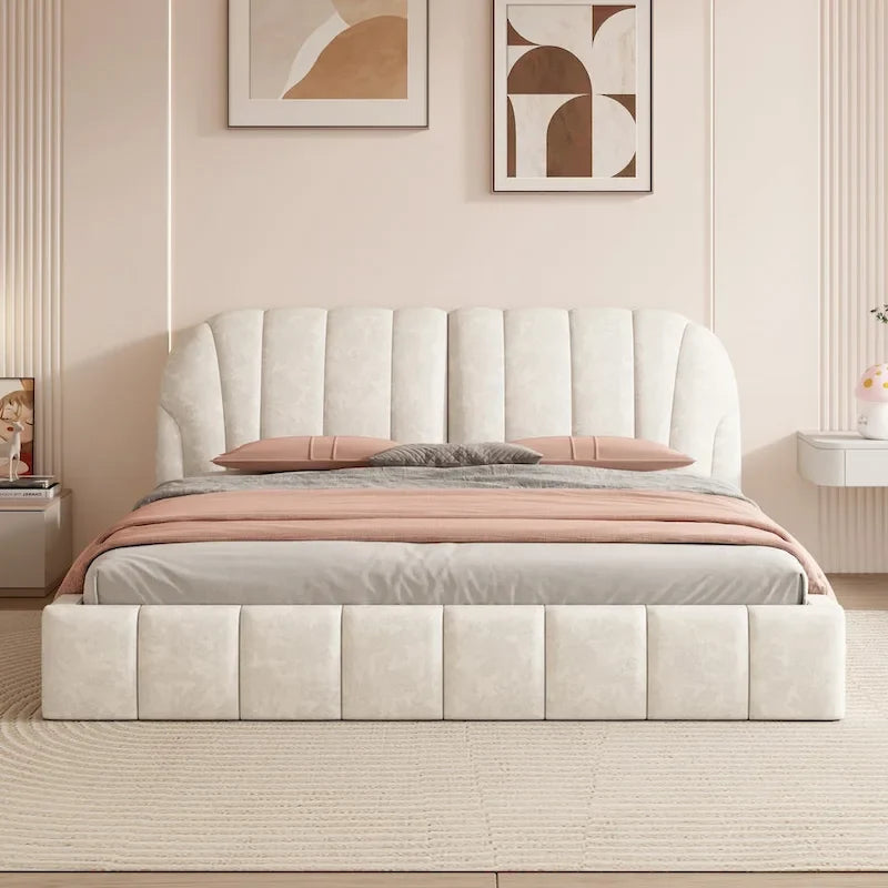 Lit plateforme Queen tapissé avec tête de lit en tissu, gris/beige