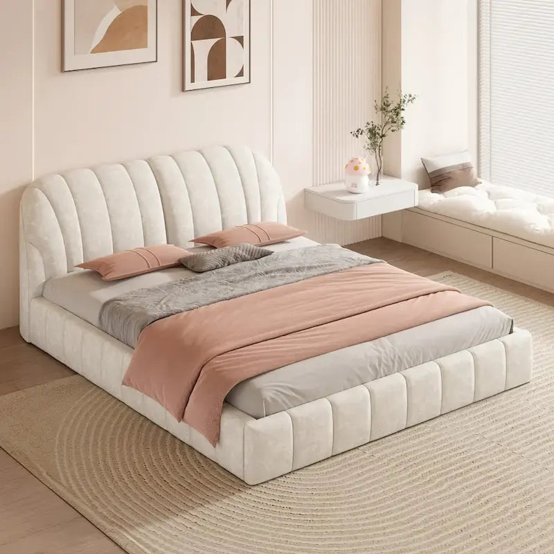 Lit plateforme Queen tapissé avec tête de lit en tissu, gris/beige