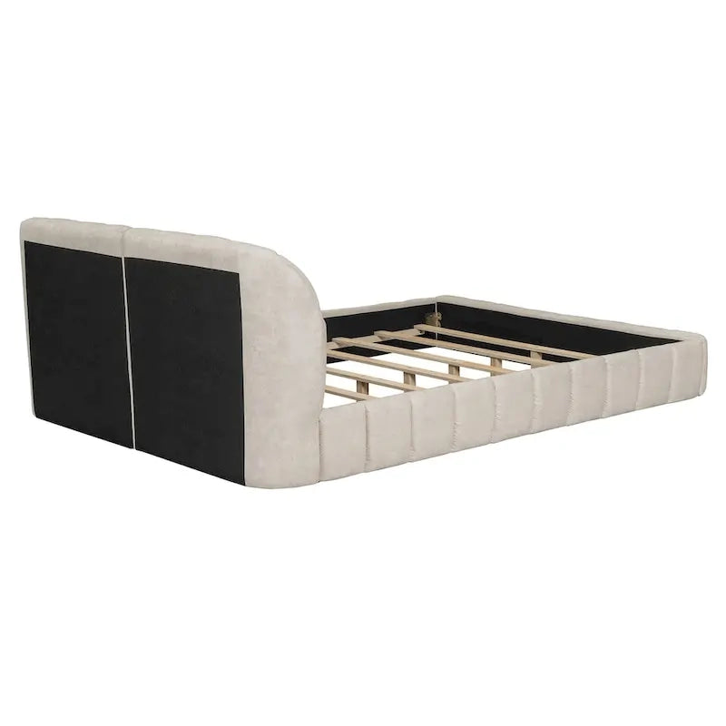 Lit plateforme Queen tapissé avec tête de lit en tissu, gris/beige