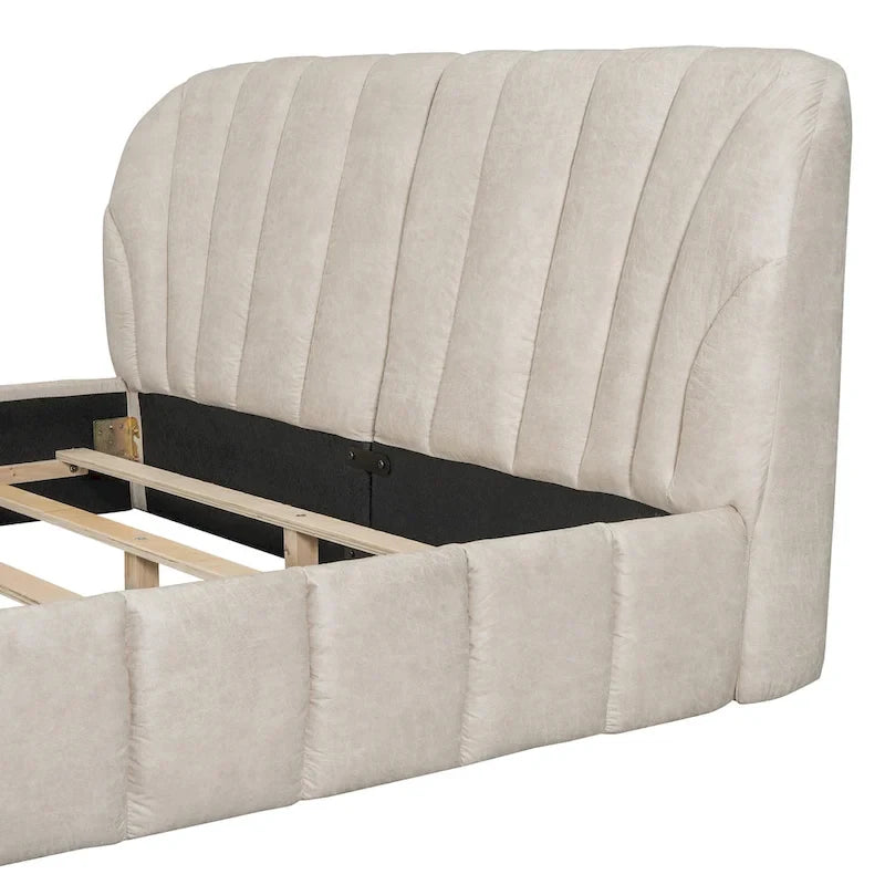 Lit plateforme Queen tapissé avec tête de lit en tissu, gris/beige