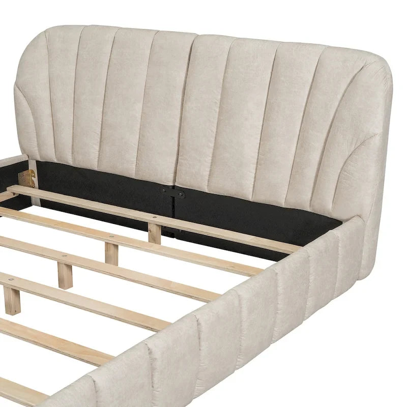 Lit plateforme Queen tapissé avec tête de lit en tissu, gris/beige
