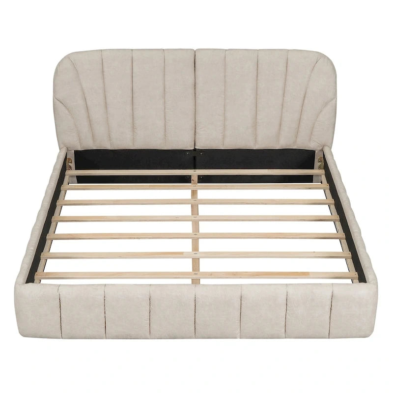 Lit plateforme Queen tapissé avec tête de lit en tissu, gris/beige