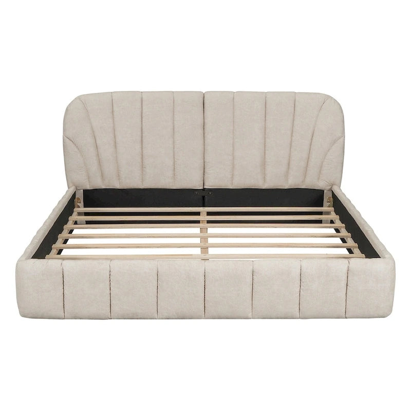 Lit plateforme Queen tapissé avec tête de lit en tissu, gris/beige