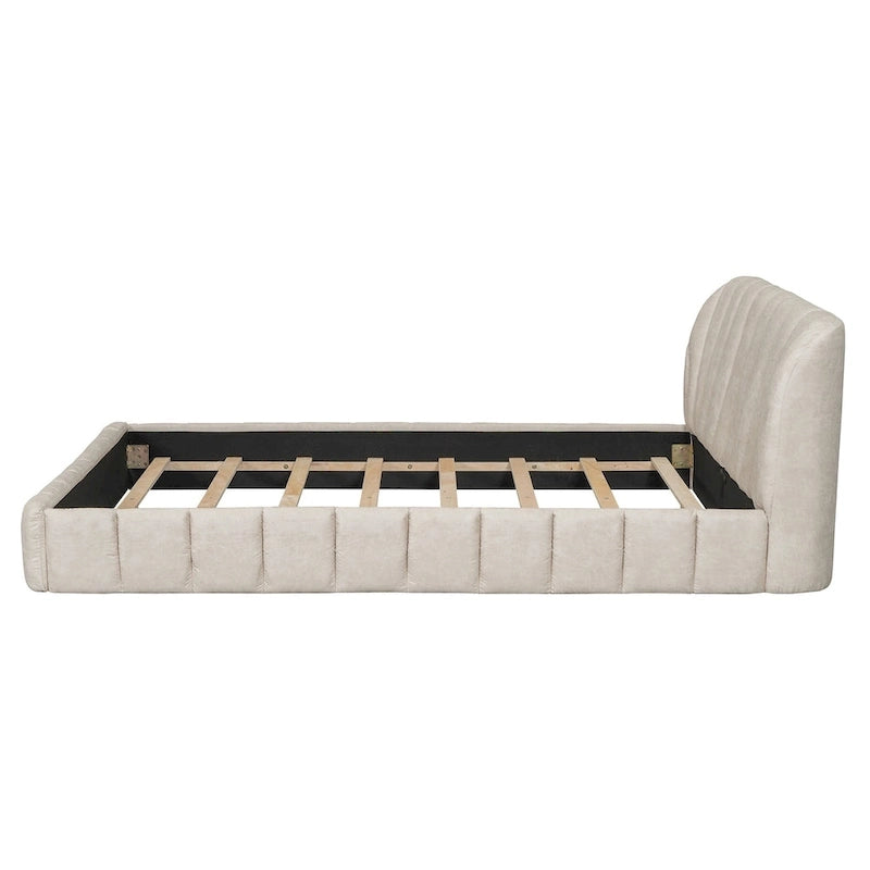Lit plateforme Queen tapissé avec tête de lit en tissu, gris/beige