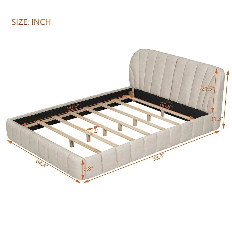 Lit plateforme Queen tapissé avec tête de lit en tissu, gris/beige