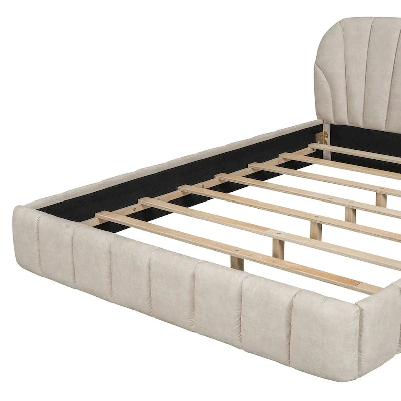 Lit plateforme Queen tapissé avec tête de lit en tissu, gris/beige