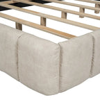 Lit plateforme Queen tapissé avec tête de lit en tissu, gris/beige
