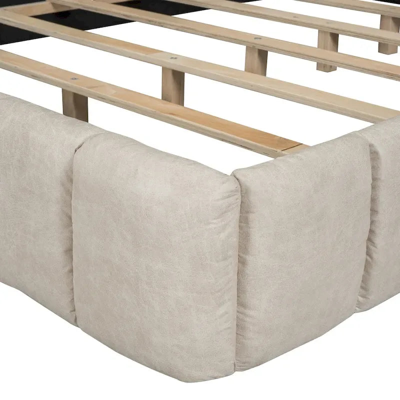 Lit plateforme Queen tapissé avec tête de lit en tissu, gris/beige