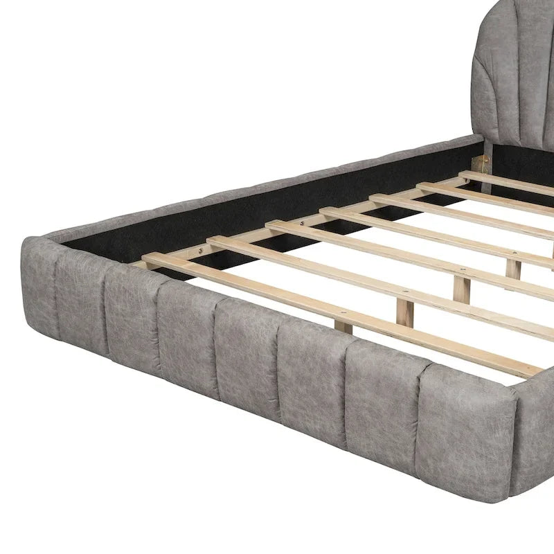 Lit plateforme Queen tapissé avec tête de lit en tissu, gris/beige