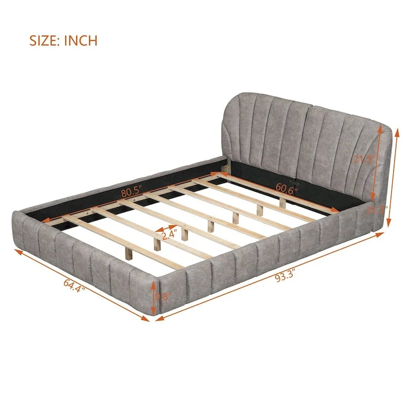 Lit plateforme Queen tapissé avec tête de lit en tissu, gris/beige