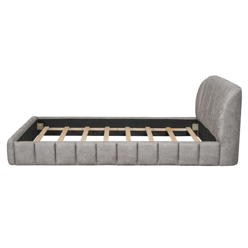 Lit plateforme Queen tapissé avec tête de lit en tissu, gris/beige